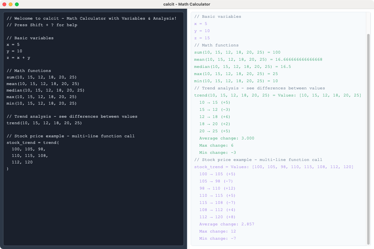 calctxt application showing text-based calculations with variables and trend analysis
